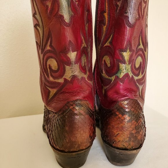 Justin 12 hand painted red black purple western cowboy boots snake skin rodeo